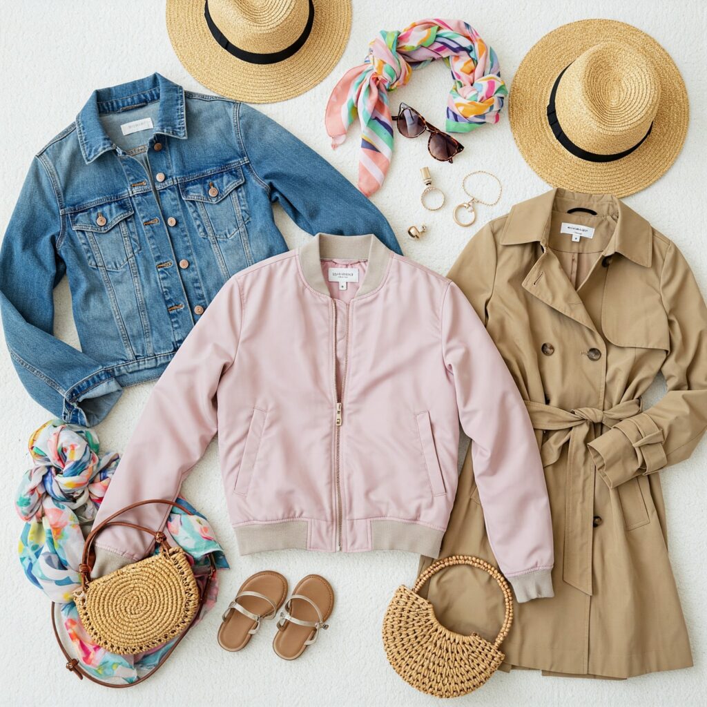 An assortment of spring womenswear, showing light and pastel colours.