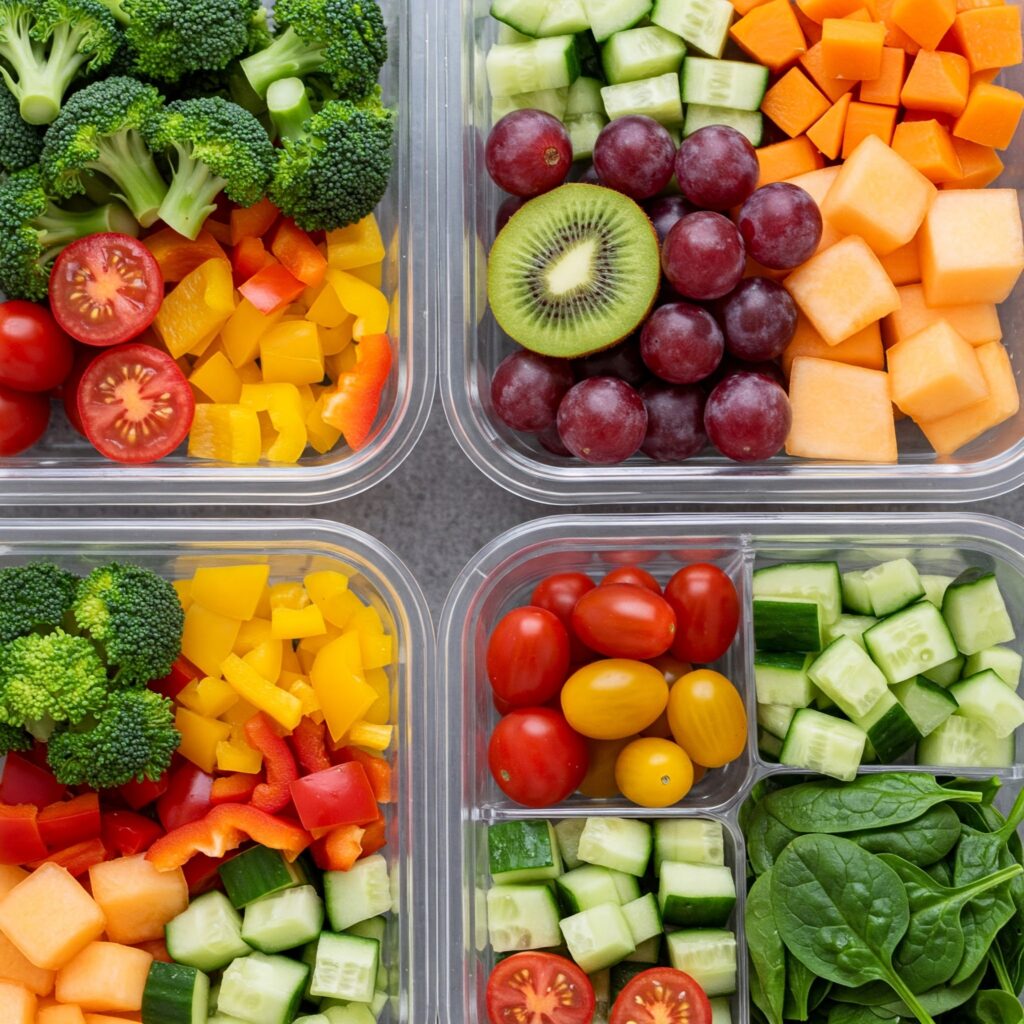 An image of 4 meal prep containers, holding various prepared and chopped vegetables